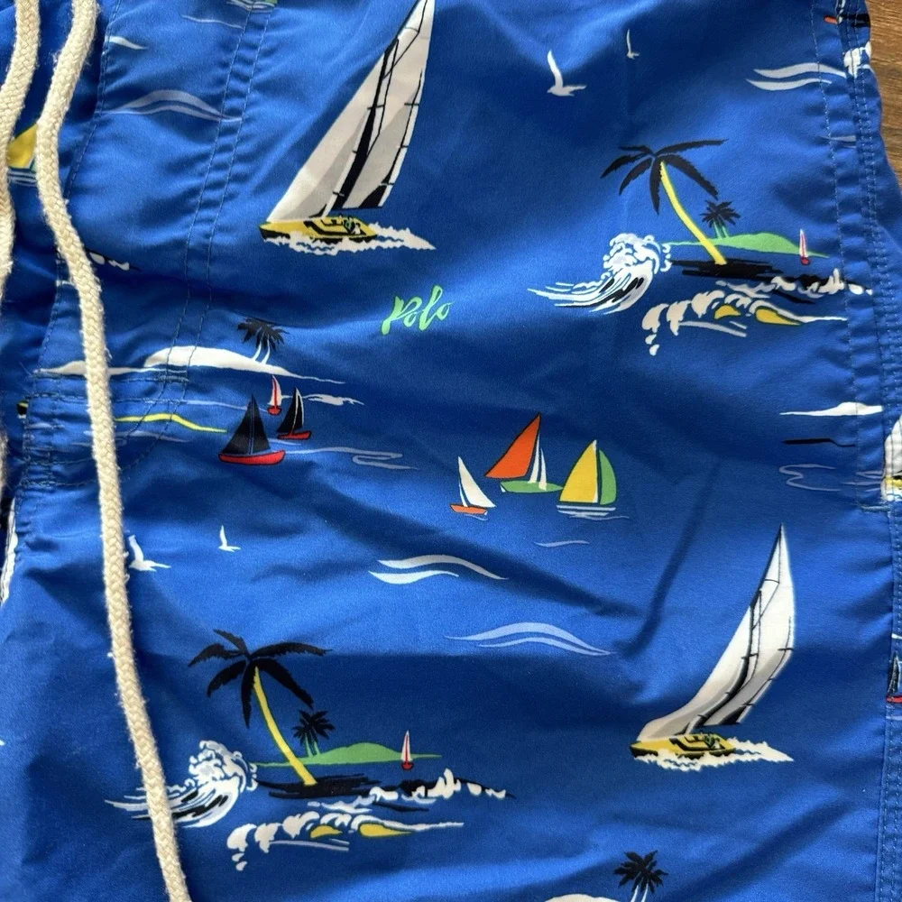 Polo Ralph Lauren AOP Sail Boat Swim Trunks Men's Sz M Nautical Theme Blue‎